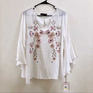 IVANKA TRUMP Bell Sleeve Blouse Embroidered Floral